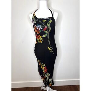 Vintage Cache Y2K Dark Fairy Silk Asymmetrical Maxi Slip Halter Dress Floral 6